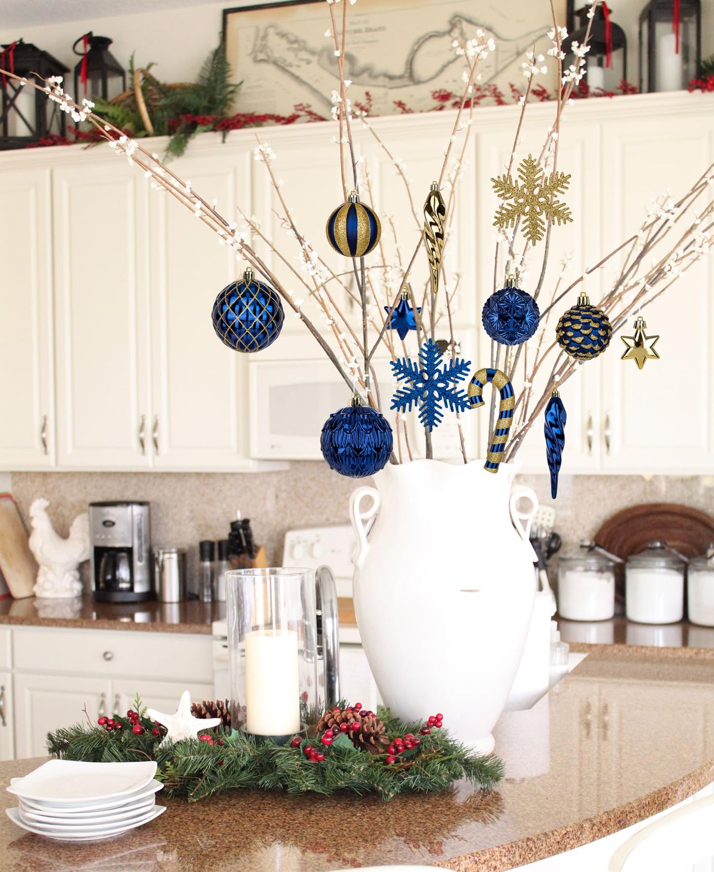 Briful 80ct Blue & Gold Christmas Balls Ornament Set, Plastic Shatterproof Christmas Ornament Balls with Tree Topper Candy Canes Snowflakes for Xmas Tree Wreath Garland Decor