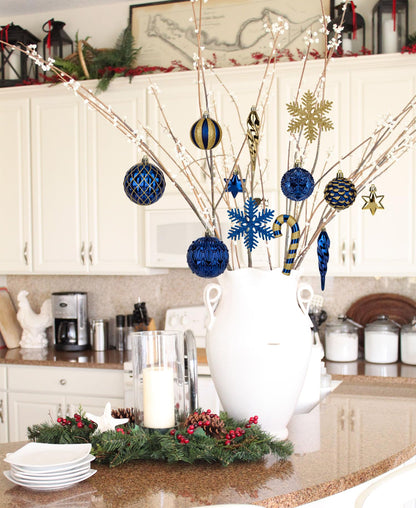 Briful 80ct Blue & Gold Christmas Balls Ornament Set, Plastic Shatterproof Christmas Ornament Balls with Tree Topper Candy Canes Snowflakes for Xmas Tree Wreath Garland Decor