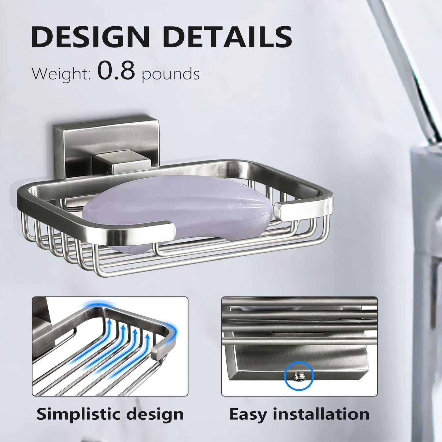 SEIDO Soap Dish for Shower Wall, 304 Stainless Steel Bar Soap Holder for Bathroom & Kitchen, Brushed Nickel Soap Saver Tray for Shower, 4.8" L x 3.2" W Internal