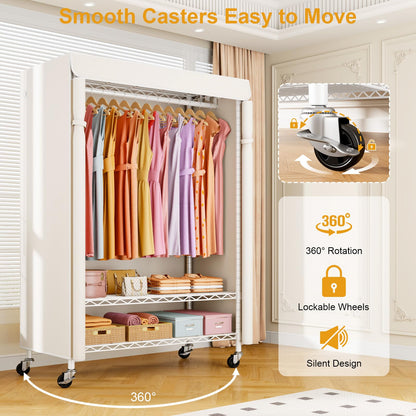 ULIFHOME P6C Plus Rolling Clothes Rack with Cover, Covered Clothing Rack Heavy Duty, Portable Closet for Hanging Clothes, Garment Rack on Wheels, White Closet Rack with White Cover, Max Load 375LBS