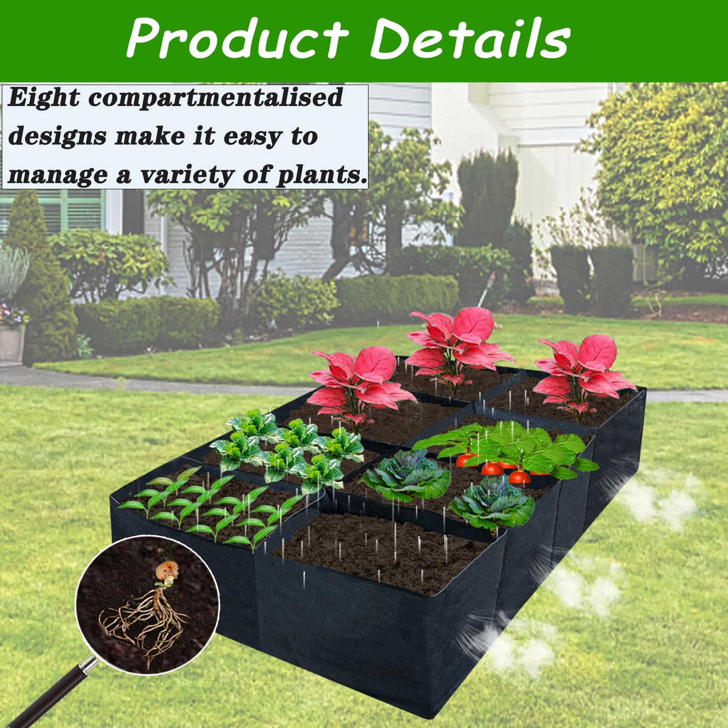 2 Pack Fabric Raised Garden Beds,128 Gallon 8 Grids Thickened Rectangle Plant Grow Bags,Reusable Outdoor Gardening Planting Container Planter Pot for Growing Herbs Flower Gardening Vegetables Chillies
