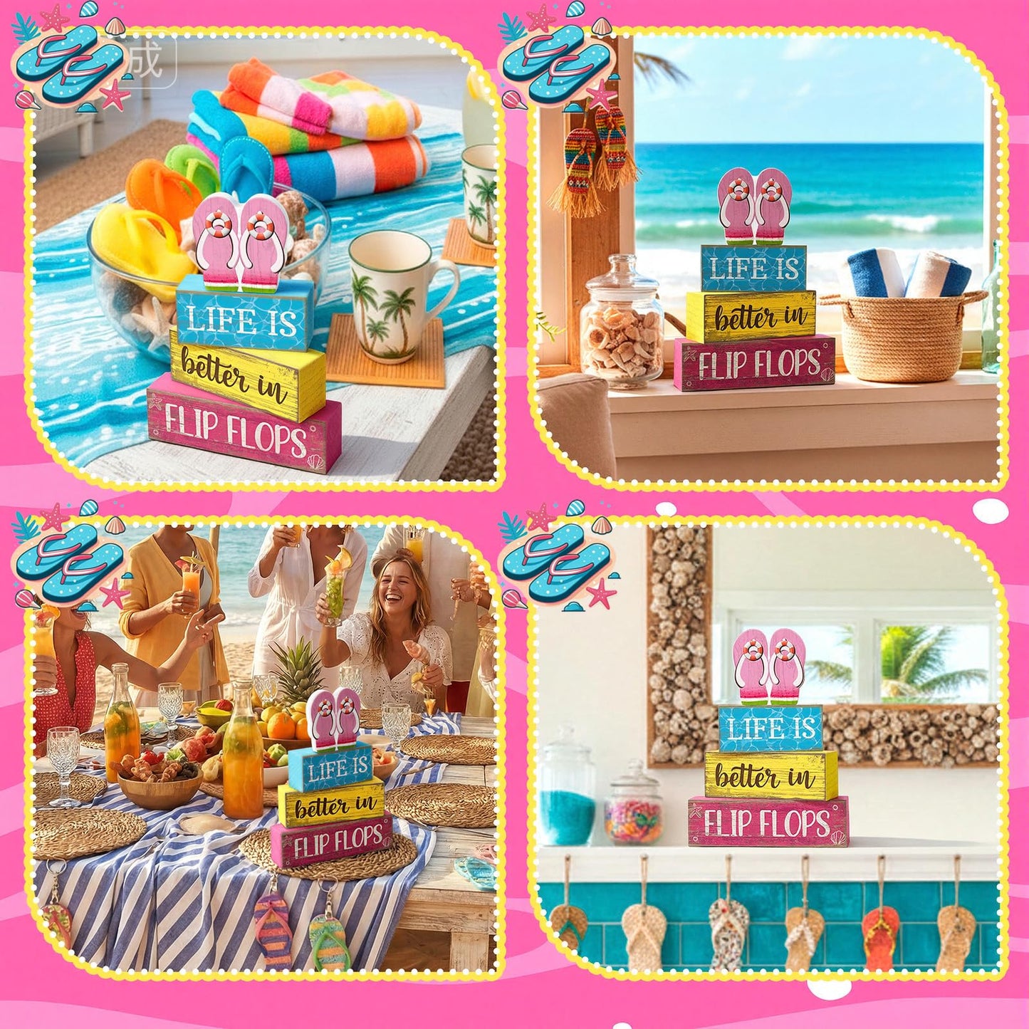Yuntau 4 Pcs Summer Decorations for Home Flip Flops Table Decorations Wooden Sign Beach Table Centerpiece Summer Tiered Tray Decor Decorative Faux Book Stack Block for Office Coffee Mantel Shelf