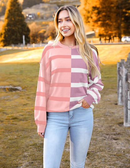 Zeagoo Womens Striped Oversized Sweater 2025 Crew Neck Long Sleeve Knitted Color Block Casual Loose Pullover Top