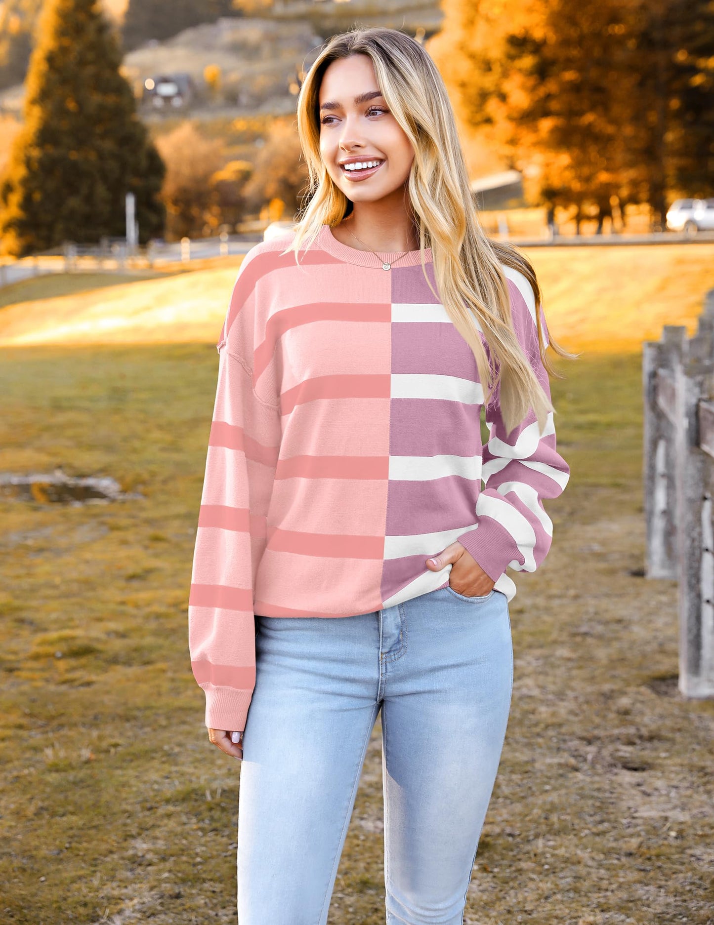 Zeagoo Womens Striped Oversized Sweater 2025 Crew Neck Long Sleeve Knitted Color Block Casual Loose Pullover Top