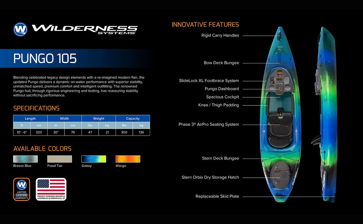 Wilderness Systems Pungo 105 Recreational Kayak - Sit Inside - Phase 3 Air Pro Comfort Seating - 10.6 ft - Galaxy