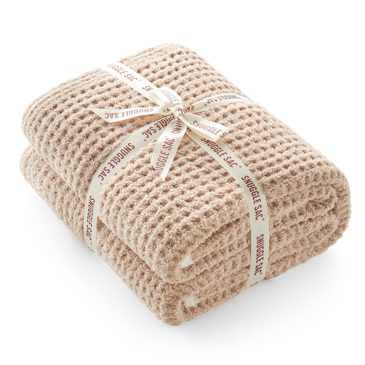 Snuggle Sac Waffle Throw Blanket for Couch Bed Sofa 50x60 inches, Reversible Beige Blanket Microfiber Fluffy Fuzzy Cozy Knit Soft Throws for Women Mothers Birthday Gifts