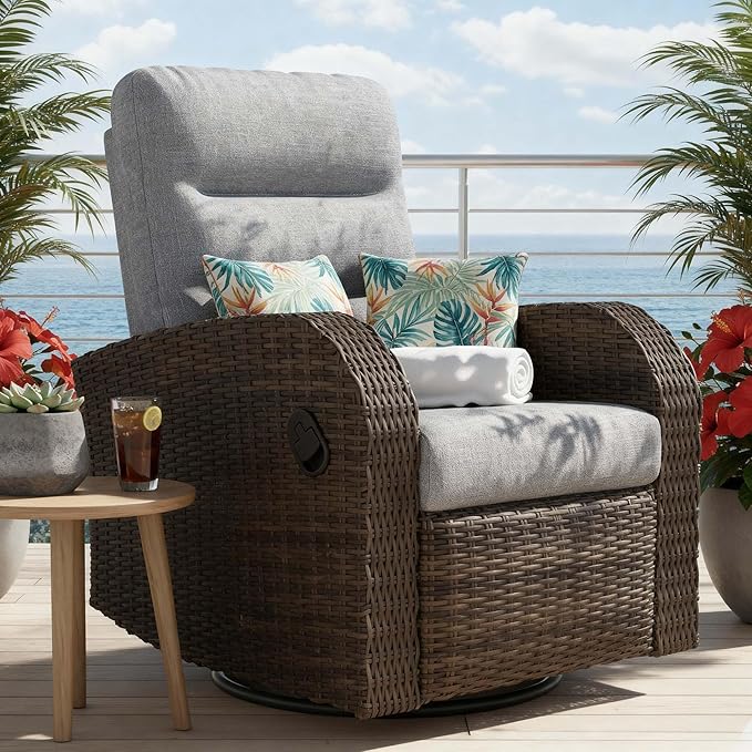 Outdoor Swivel Recliner Chair, All-Weather Wicker Reclining Patio Chair with Adjustable Backrest and Footrest