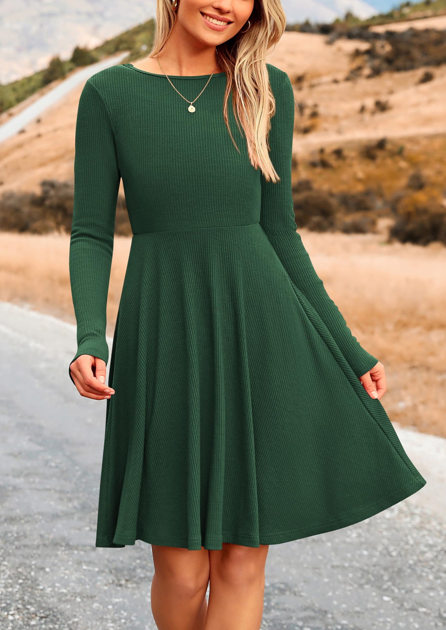 PRETTYGARDEN Women's Fall Short Dress Ribbed Knit Crewneck Long Sleeve A Line Flowy Casual Elegant Going Out Winter Dresses (Dark Green,Large)