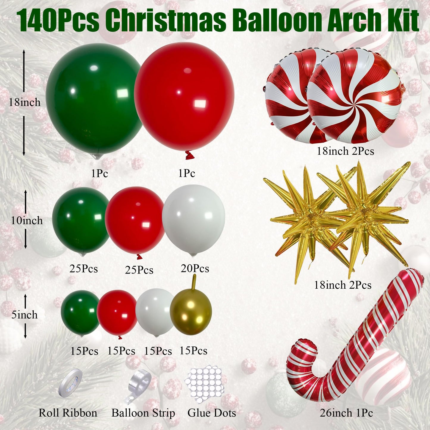 Ceeulvu Christmas Balloon Arch Kit, Red Green Gold White Balloon Garland with Star Candy Cane Foil Balloons for Xmas Party