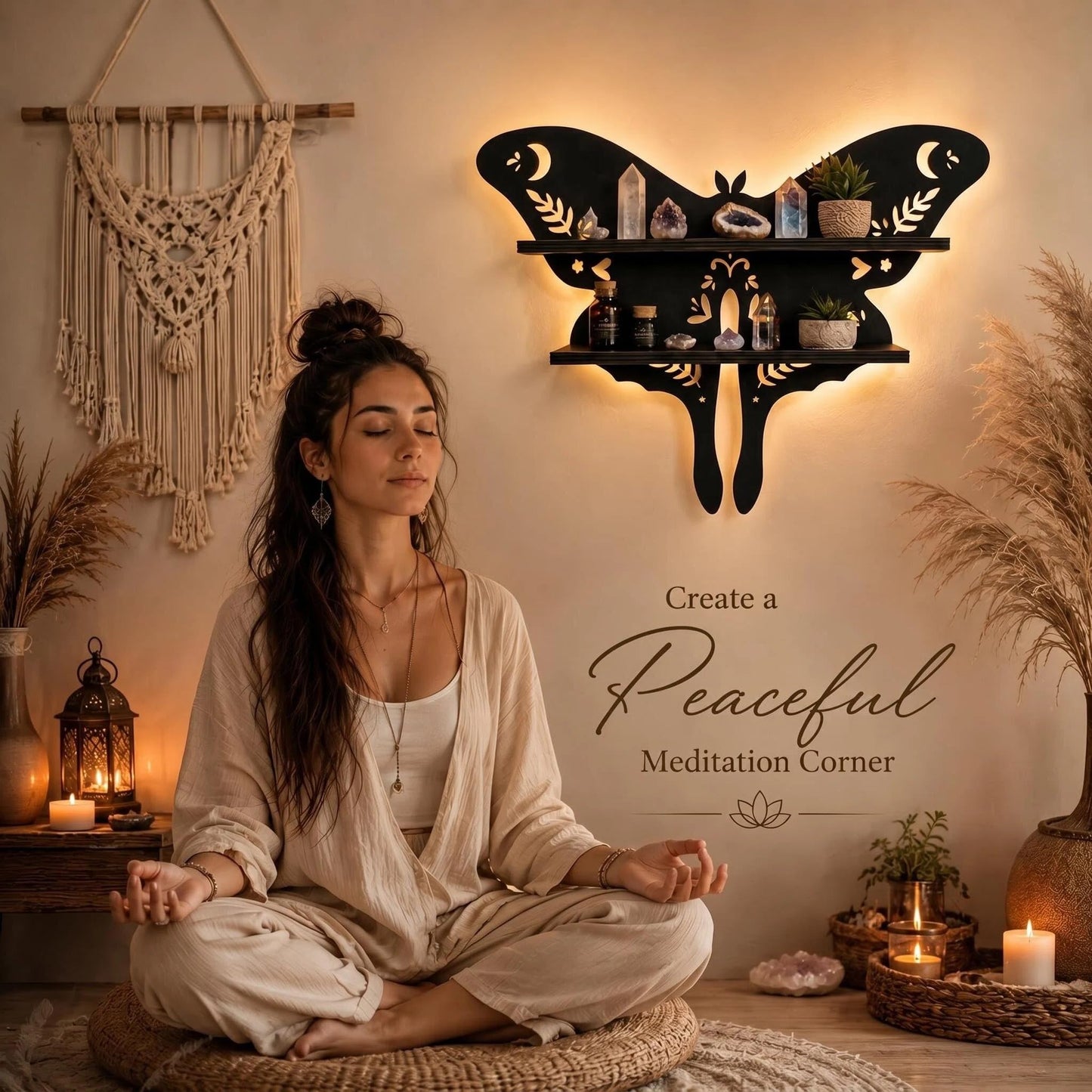HBSGS Crystal Display Shelf Wall Gothic Shelves with LED Light, Luna Moth Theme, for Trinket, Crystal Rock, Gem, Healing Stone, Essential Oil (Moth-15.7 * 11.8inch/40 * 27.5cm)