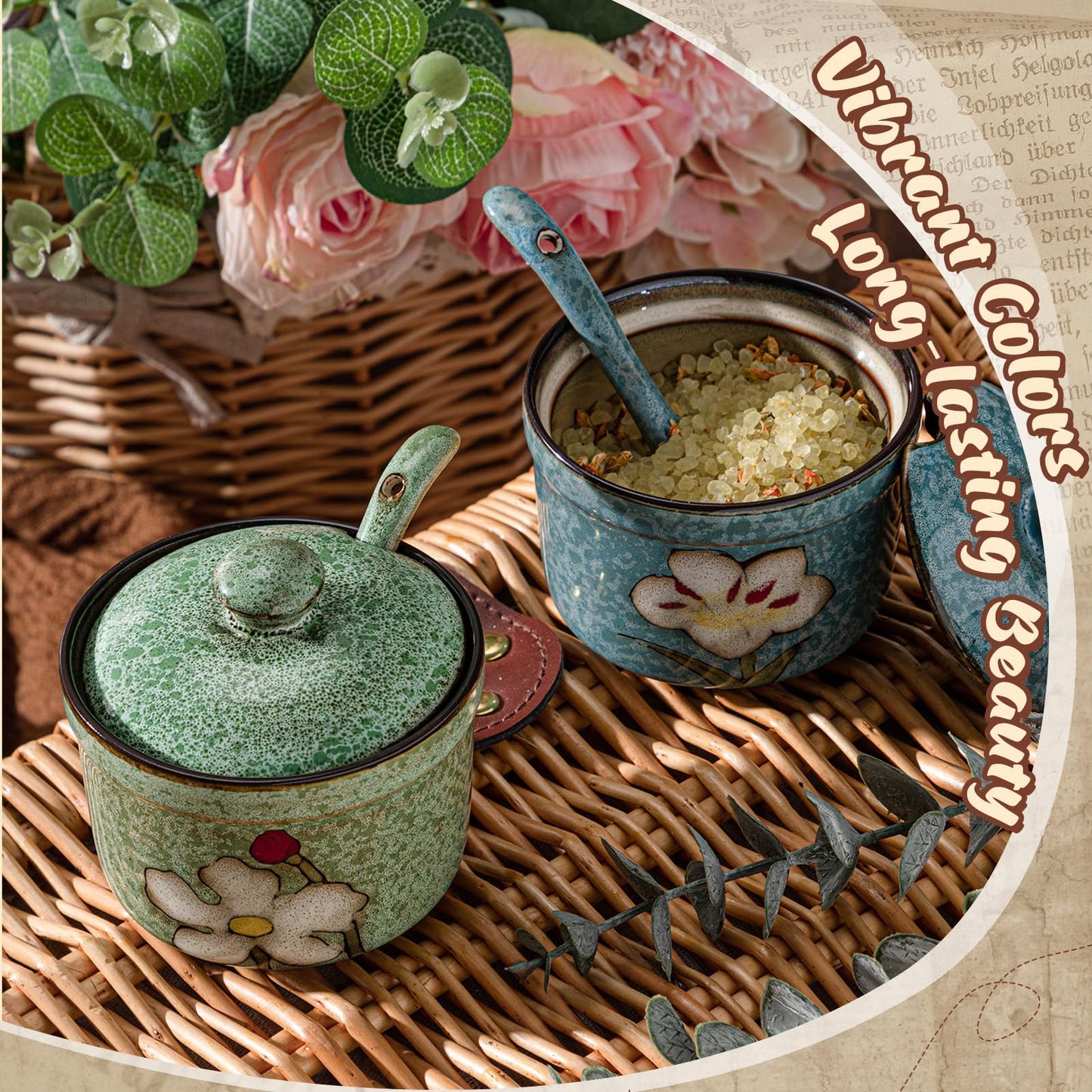 Acellegic 2 Pack Retro Hand Painted Flower Ceramic Salt Pepper Cellar with Lid and Spoon, Heavyweight Round Sugar Spice Containers Porcelain Jar for Housewarming Gift, Artisan Kitchen Decoration