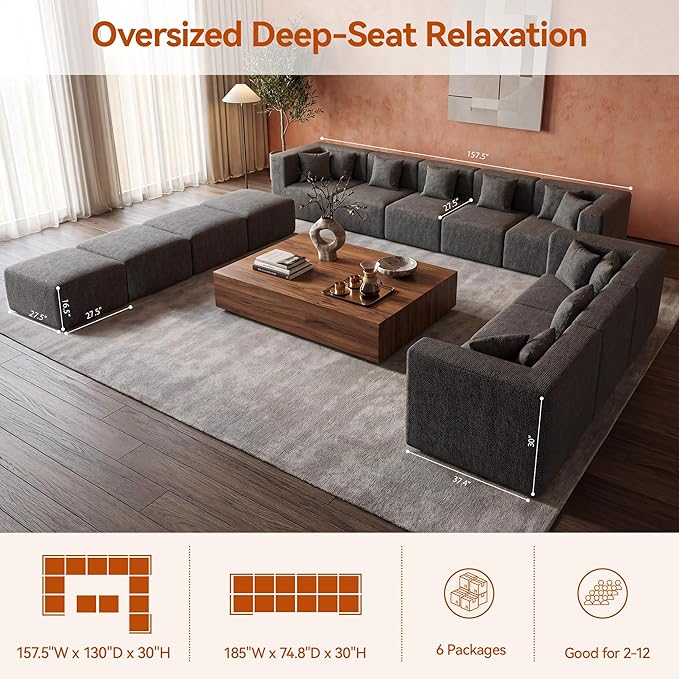 MONVANE Modular Sectional Sofa, Oversized 12 Seat Convertible U Shaped Couch