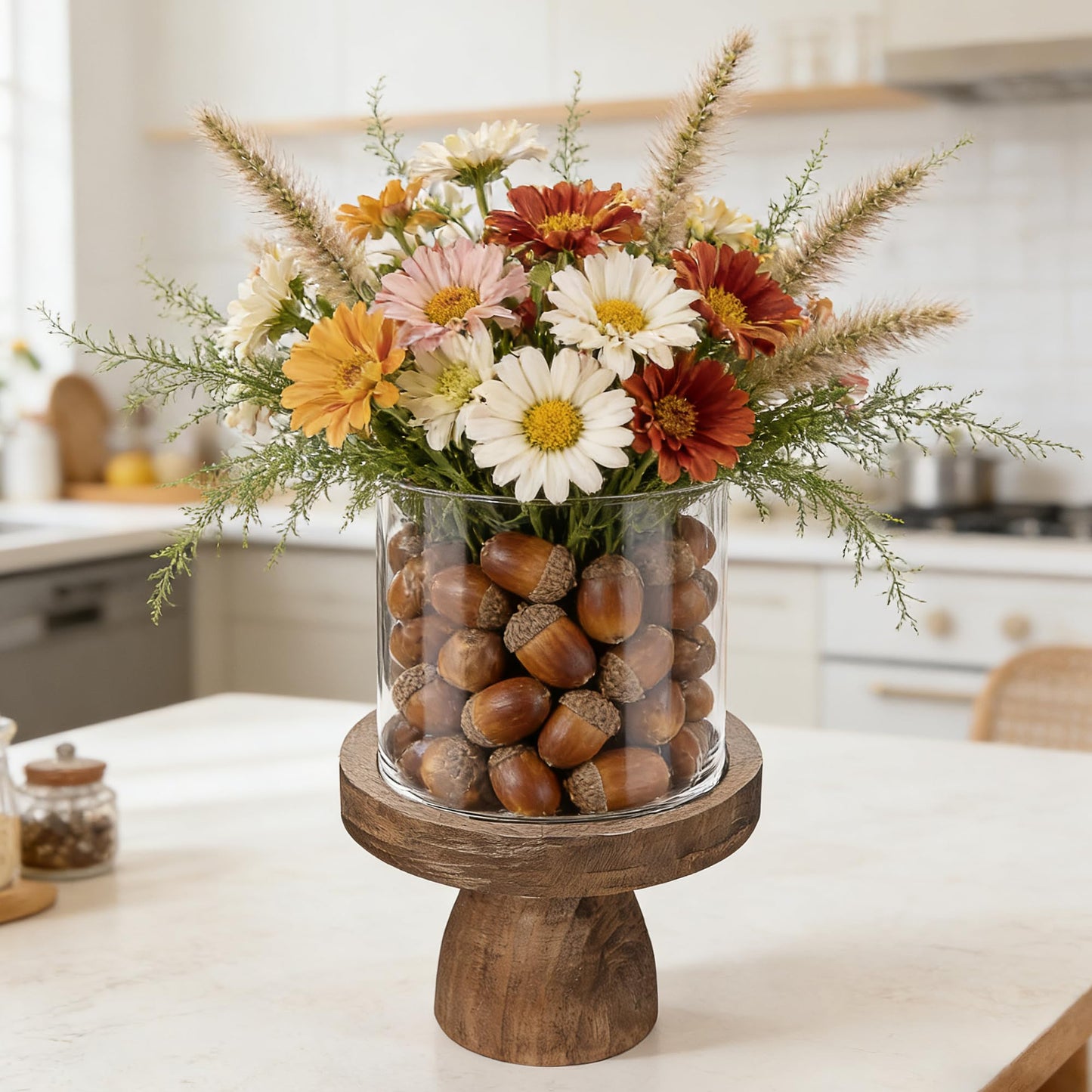 7" Wide Farmhouse Glass Hurricane Candle Holder & Glass Vase with Vintage Natural Sturdy Solid Wooden Base for Pillar & Flower Arrangement, Terrarium, Centerpiece, Console Table, Dining Table, Mantel