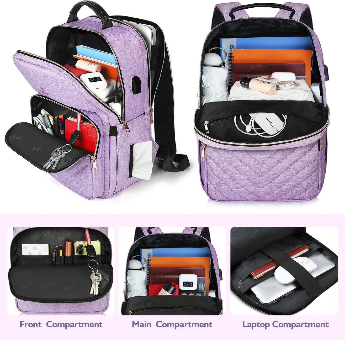 MATEIN Laptop Backpack for Women, School Backpack Bag 15.6 Inch Lightweight for Travel Work With USB Charging Port Waterproof, Anti theft Rucksack Girls Ladies for University College Large, Purple