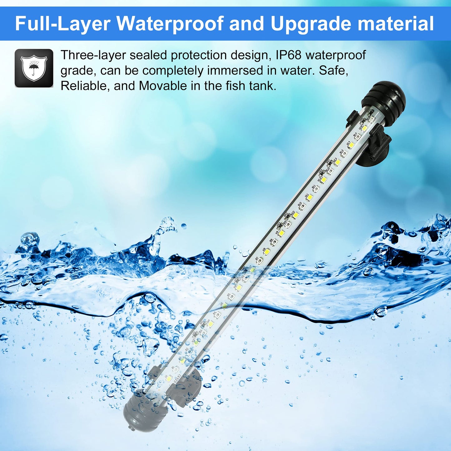 VARMHUS LED Aquarium Light, Color Changing Submersible Fish Tank Light with Timer for Sunrise and Sunset (18cm, Blue+White)