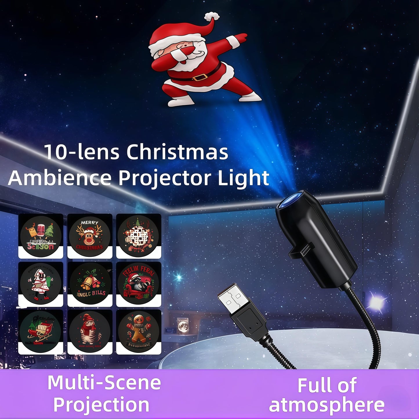 Christmas Ambience Projector Light with 10 Festive Pattern Lenses, LED Holiday Night Light Display, USB Powered Indoor Decoration for Home and Party