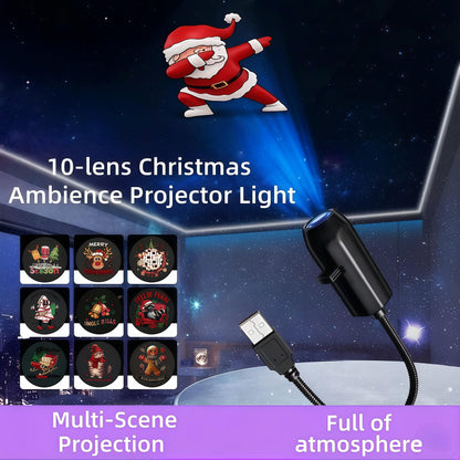 Christmas Ambience Projector Light with 10 Festive Pattern Lenses, LED Holiday Night Light Display, USB Powered Indoor Decoration for Home and Party