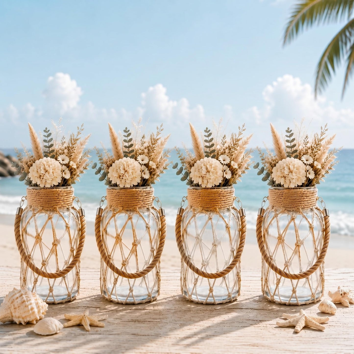 Set of 4 Rope Net Dry Flower Glass Vase 7.9 x 4 Inches Wicker Farmhouse Vase Coastal Decor for Wedding Tables Home Rustic Hanging Mason Jar Rope Wrapping Decorative Bottles Nautical Decor
