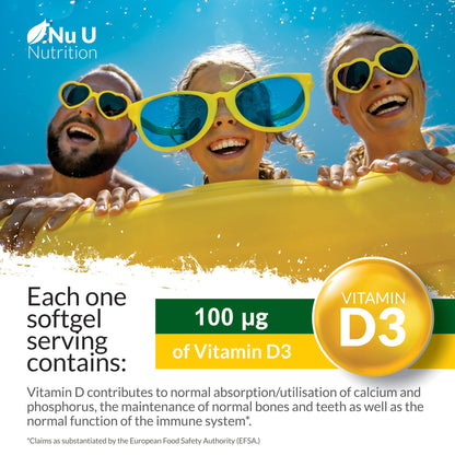 Nu U Nutrition - Vitamin D 4000 IU - 365 Softgel Capsules not Tablets - 1 Year Supply - Quadruple Strength -Easy to Swallow - Vitamin D3 Supplement - Made in The UK