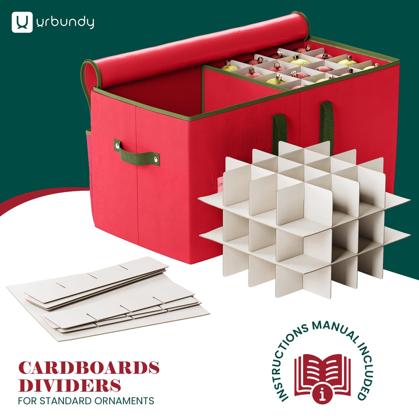 URBUNDY Christmas Ornament Storage Box - Red, Fits 128 Ornaments - Organizer With Dividers & Handles