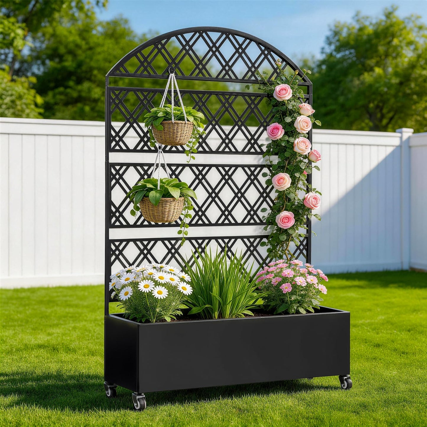 Metal Planter Box with Trellis Raised Garden Bed on Wheels Galvanized Steel Privacy Screen for Patio,Large Self-Watering Container with Drainage Holes for Climbing Plants Vegetables Flowers (Dome)