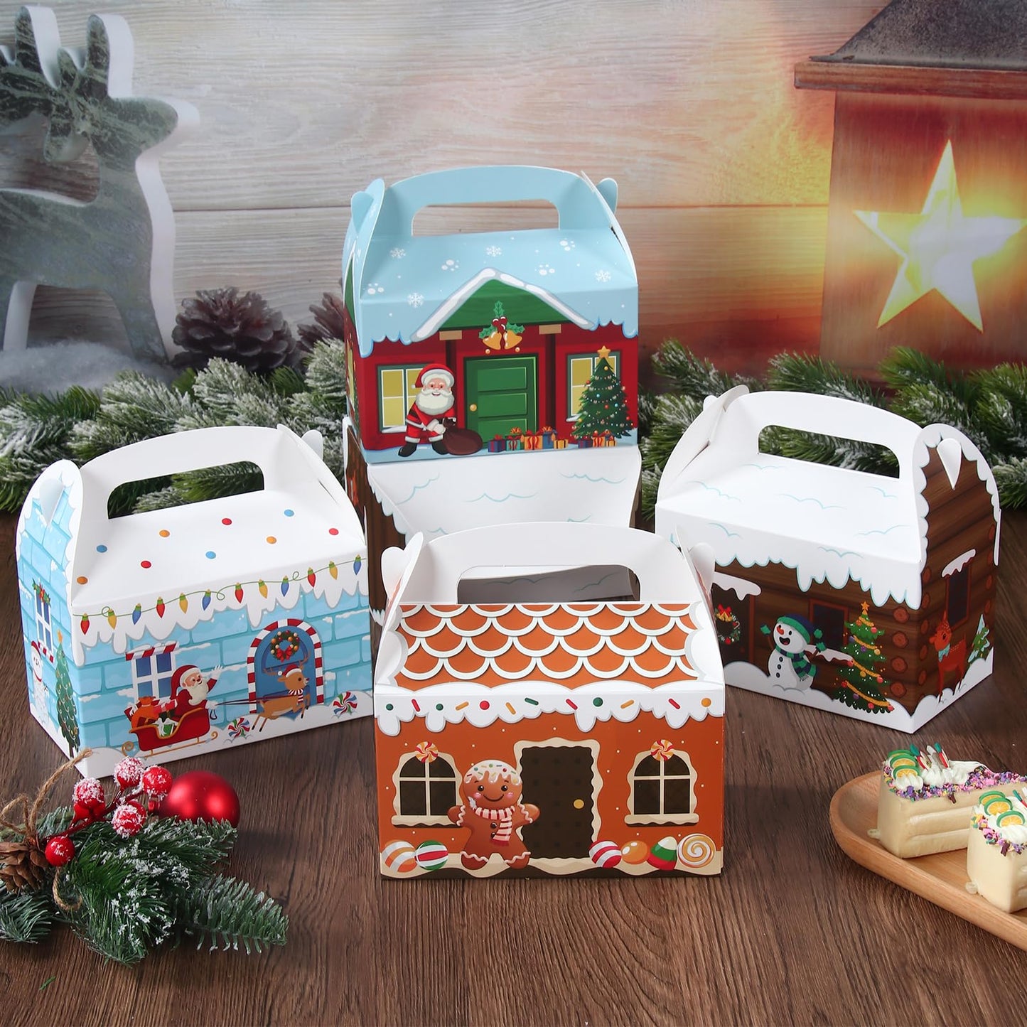 Patimate 24pcs Christmas Cookie Boxes for Gift Giving, 4 Style 3D Xmas House Cardboard Treat Boxes with Handles for Christmas Goodie Candy Holiday Party Favor Supplies