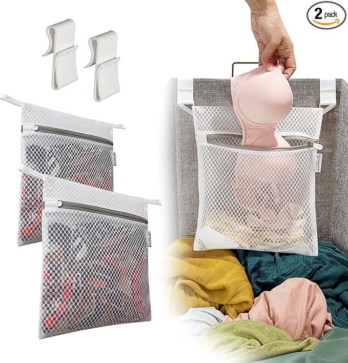 2Pcs Mesh Laundry Bags for Delicates w/Hooks, Hanging Durable Laundry Mesh Wash