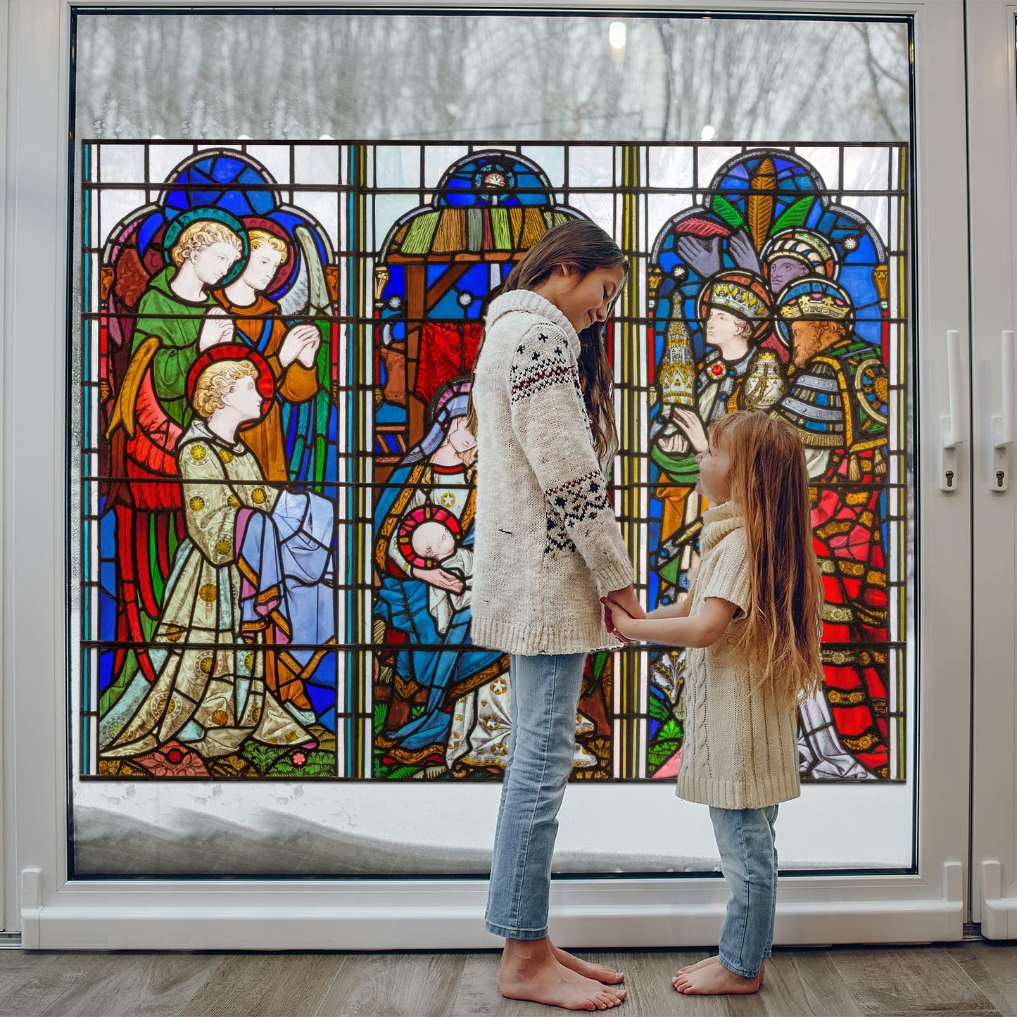 Spiareal Christmas Window Clings Nativity Decorations Reusable Non Adhesive Sticker Vinyl Religious Holiday and Door Decor Decals for Home Xmas (30.71 x 39.37 Inch)