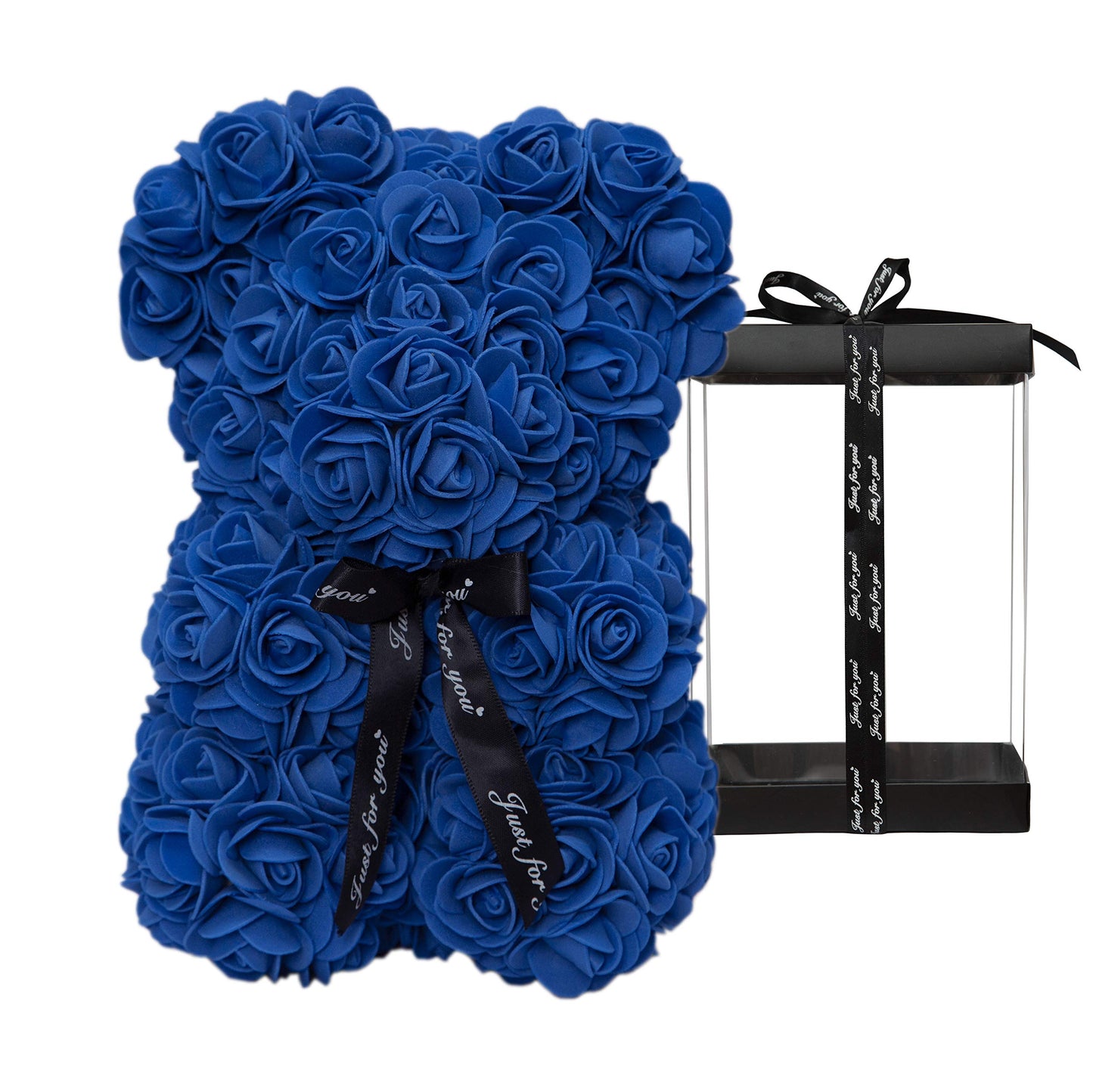 DuHouse Rose Bear Rose Teddy Bear Flower Gift Black Box for Valentines Gifts Anniversary Christmas,Birthdays Bridal Showers -Fully Handmade 10 inch Flower Bear Clear Gift Box (Royal Blue)
