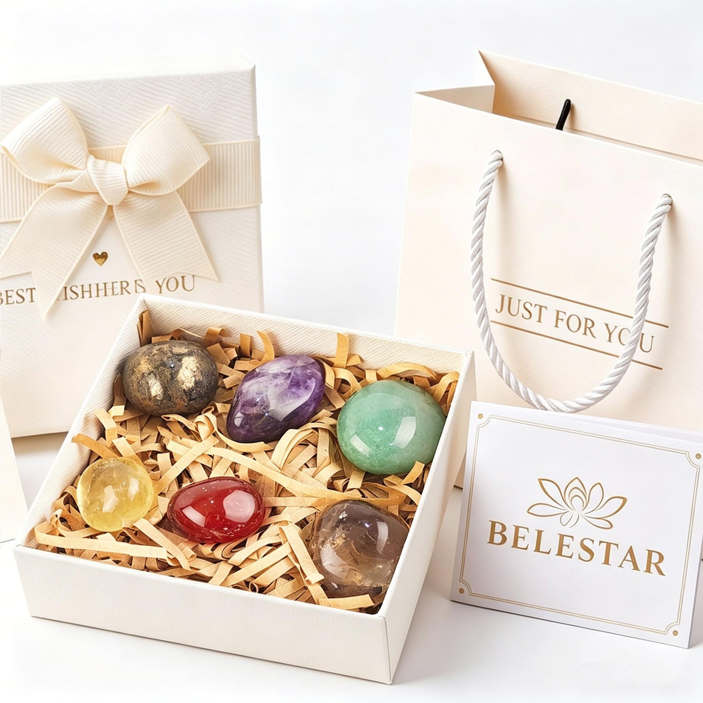 Workplace Crystals Set - 6PC Healing Stones with Gift Box, Blessing Card & Bag for Office Desk, Stress Relief, Focus, Spiritual Gift for Coworker