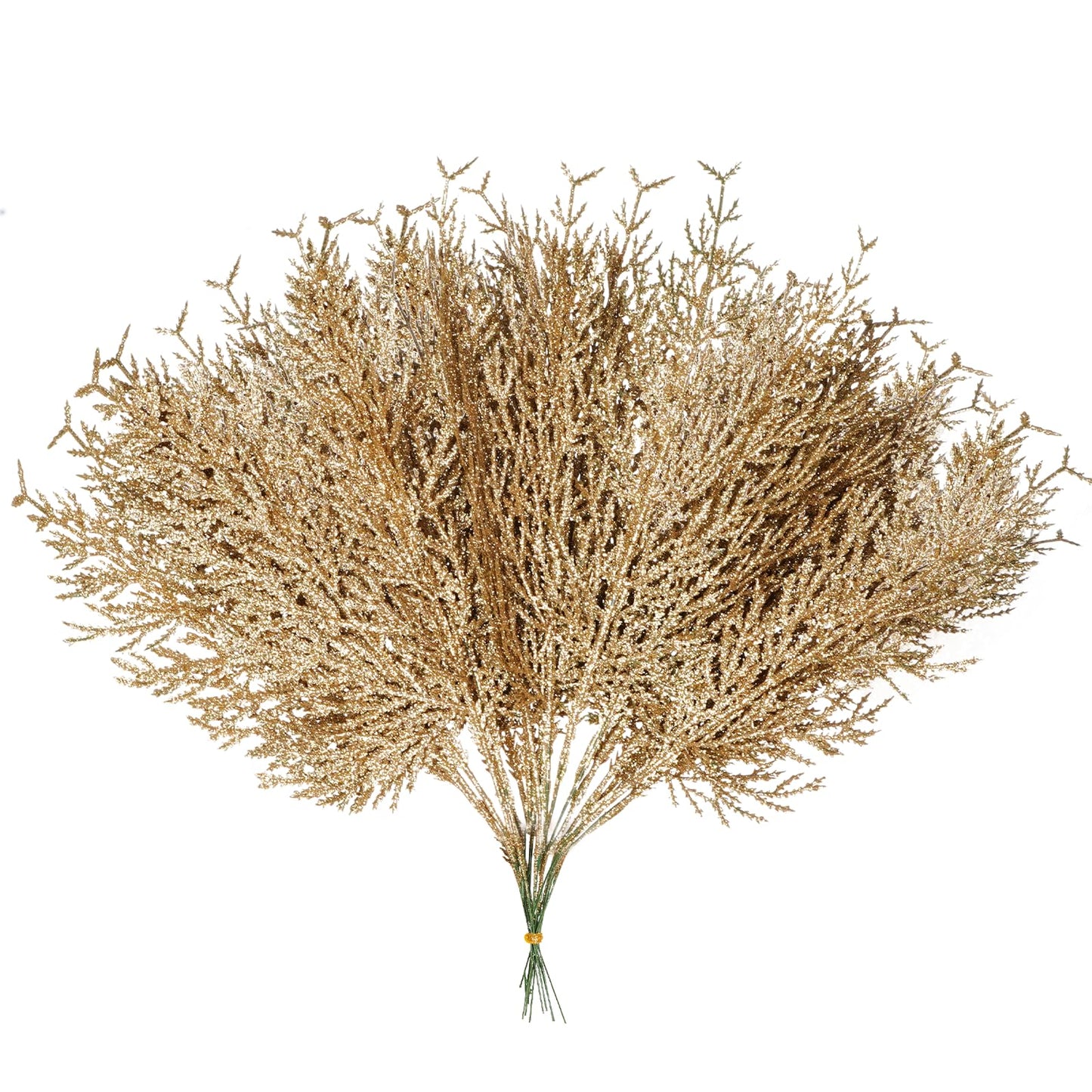 Jmkcoz Christmas Artificial Glitter Pine Tree Twig Ornaments, Xmas Picks Decorative Sticks Glittery Stems Branches for Christmas Tree Topper Wreath Vase Bouquet Floral Wedding Party (24, Champagne)