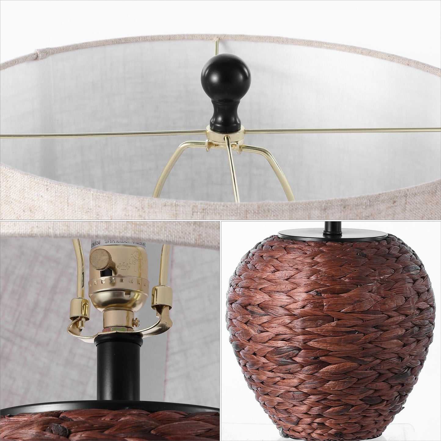 JONATHAN Y 24.5" Dark Brown Water Hyacinth Farmhouse Basket Table Lamp, Coastal Decor for Living Room Bedroom Nightstand, Light Gray Linen Shade, LED Bulb Included (JYL6501B)