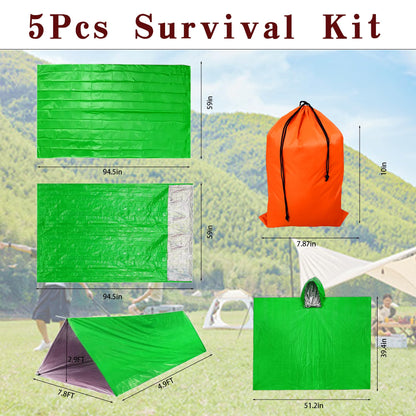 Eanpet 5Pcs Survival Kit Portable Survival Emergency Tents and Shelters Camping Blankets 2 Person Sleeping Bags Rain Ponchos for Adults Bulk for Outdoor Hiking,First Aid,Green