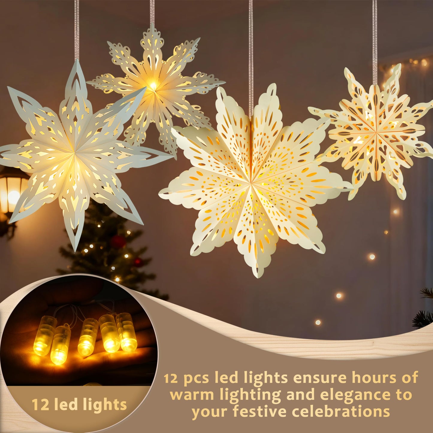 12 Pcs Christmas Paper Snowflake Lanterns, 3D Christmas Paper Star Lanterns with LED Lights, 10/12 Inch White Hanging Snowflake Lamps for Xmas Winter Frozen Weddings New Year Party Decorations