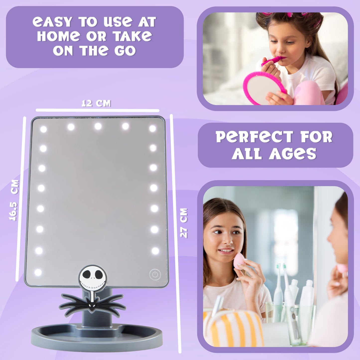 Disney The Nightmare Before Christmas LED Table Mirror for Girls, Teens, Women with Trinket Tray, Bedroom Decor, Gifts for Women (Grey)