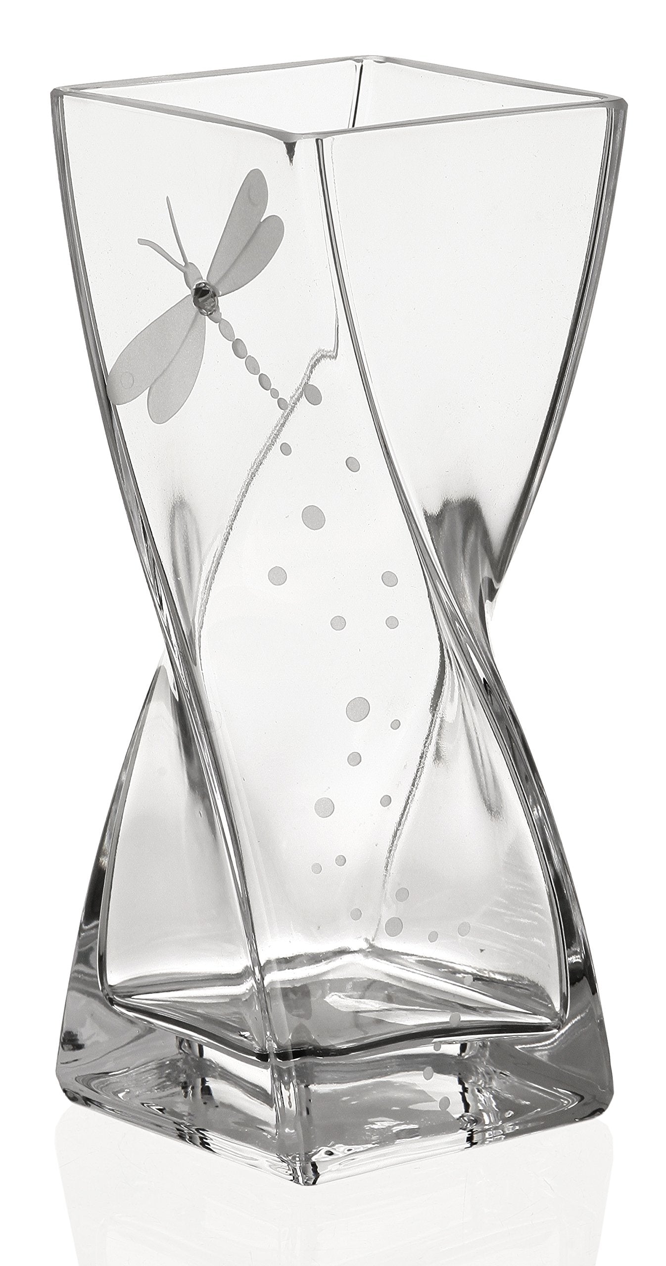 Dragonfly Vase - Handmade Glass Vase Decorated with Premium Crystal and Etched Dragonfly – Gift Boxed - Clear Mouth Blown Centerpiece, 7.9 in (20 cm)