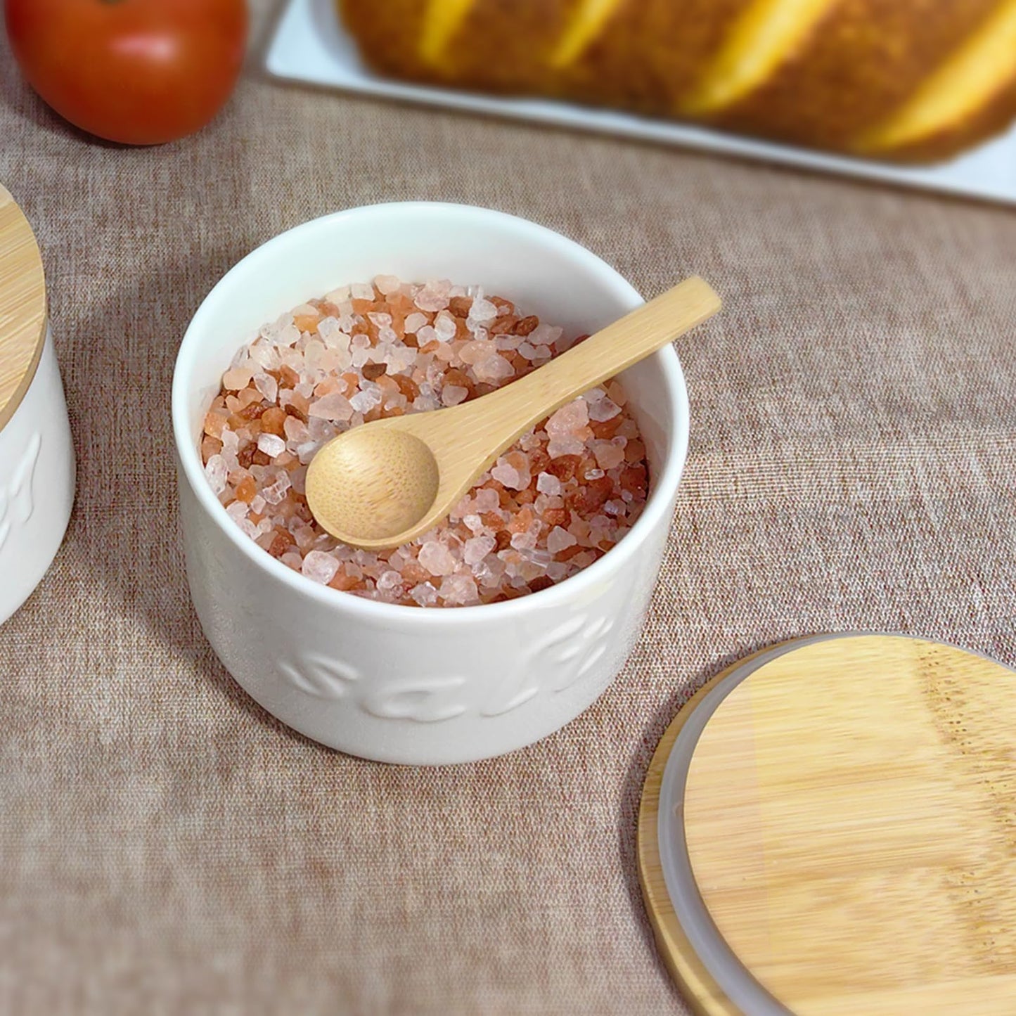 NAXIHOPT Salt Cellar with Lid and Spoon, 16 OZ Airtight Salt Container for Countertop, Ceramic Storage Container for Spices, White