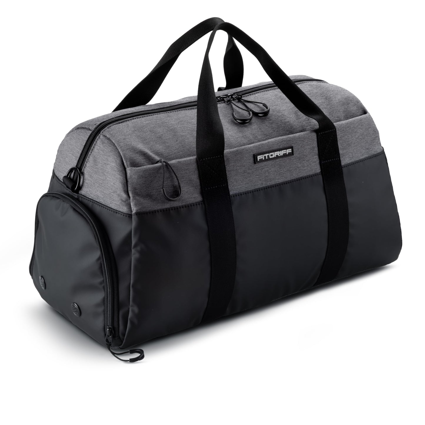Fitgriff® Gym Bag V2 for Men and Women with Shoe & Wet Compartment - Duffle Bag for Travel, Sports, Fitness and Workout (Black/Grey, 19 x 10 x 11″ (Small))