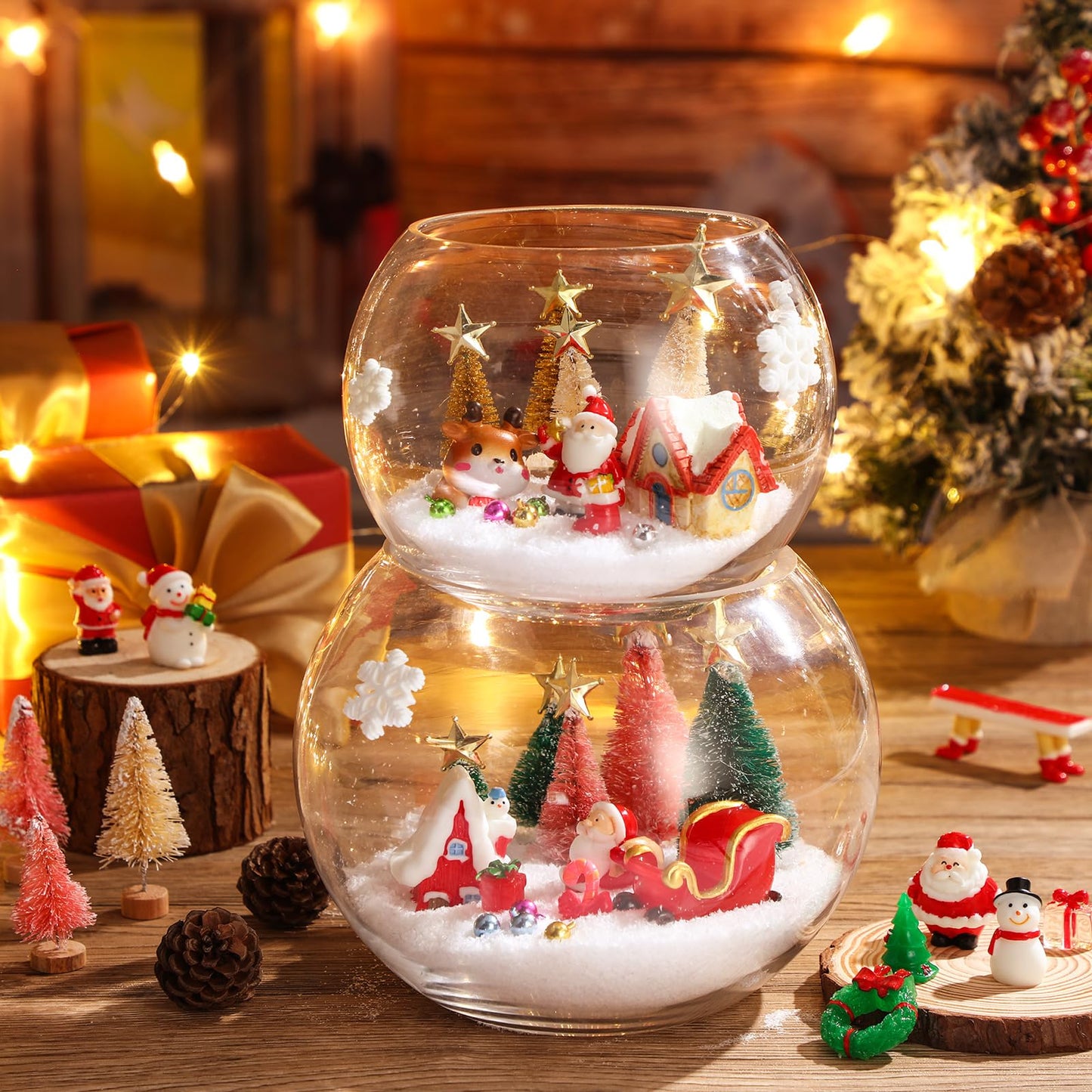 Roowest 96 Pcs Miniature Ornaments for Snow Globe Kit DIY Christmas Village Decoration Christmas Figurines Mini Ornaments with Snowman Reindeer Santa Claus Snowflake(Green)