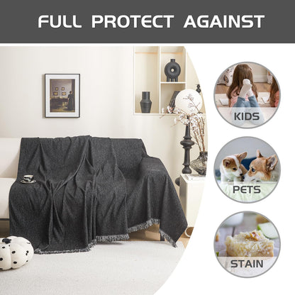 MEETSKY Washable Sofa Cover Black Sectional Couch Covers for 2 Cushion Couch Sofa Thick Universal Chenille Sofa Covers with Tassel Furniture Protector for Dogs, 71"x 102"