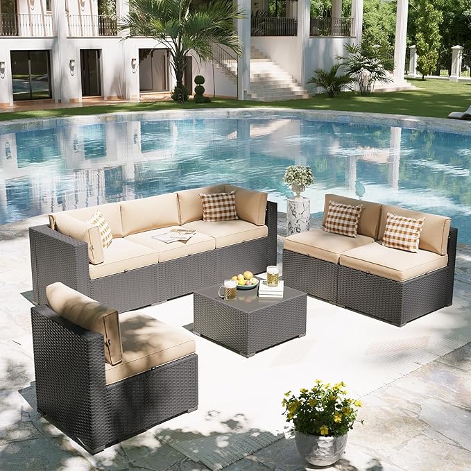 Aoxun Patio Furniture Set, 7 Piece Outdoor Sectional Sofas