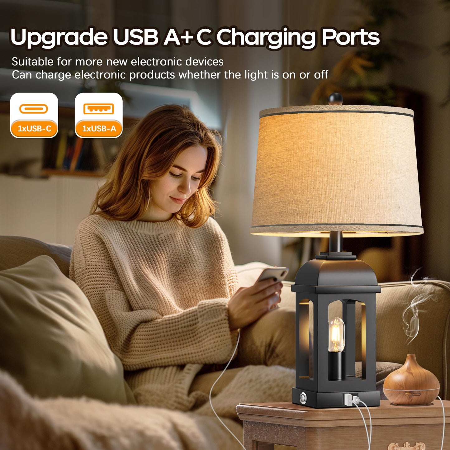 QiMH Table Lamp for Living Room, Farmhouse Lamps Set of 2 with USB A+C and Nightlight, 26" Rustic Bedside Lamps with 3-Way Dimmable Touch Control, Nightstand Lamp for Bedroom Decor, Black