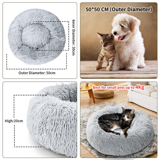 TOHDNC Cat Dog Bed Round 50 cm, Calming Fluffy Plush Cat Bed Anti Anxiety Cozy Donut Pet Bed Cuddler with Non-Slip Bottom Small Medium Dogs and Cats