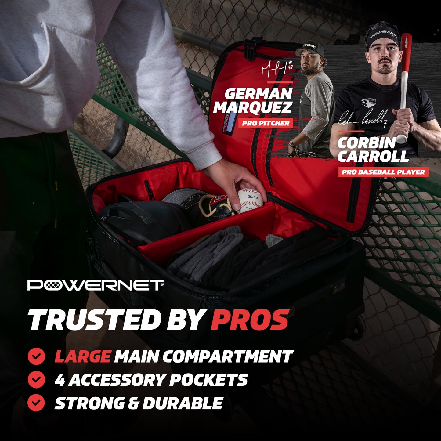 PowerNet Rolling Duffle Bag with Wheels & Handle, Baseball Travel Bag, Baseball Softball Bags for Catchers Gear, Travel Baseball Bags (Small| 110 L)
