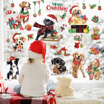 decalmile Christmas Dog Puppy Window Clings Reusable Pet Dogs Xmas Double Side Printed Window Stickers Decals Glass Door Home Party Shop Showcase Decoration