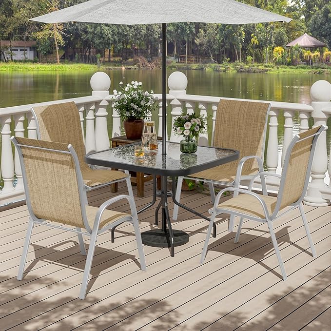 UDPATIO Patio Chairs Set of 4, Stackable Silver Outdoor Dining Chairs with High Back, Breathable Outdoor Chair Textilene Fabric All Weather, 350LBS Capacity for Garden, Backyard (Beige)