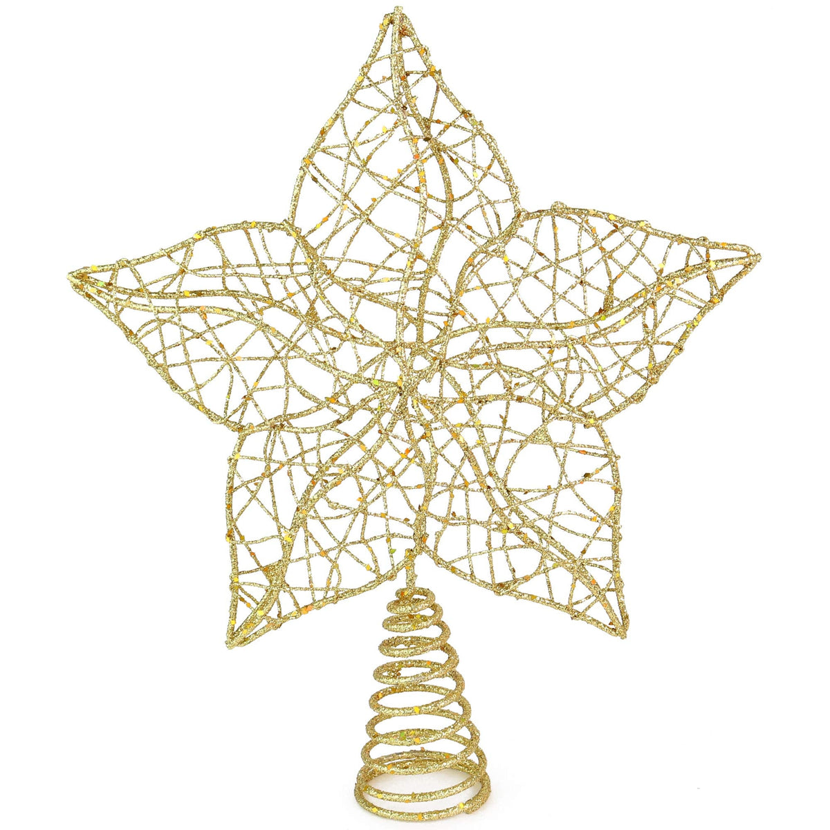 Ornativity Glittered Star Tree Topper - Christmas Gold Sparkle Wire Star Flower Leafy Petal Holiday Decor Xmas Trees Top Toppers Decorations 12"