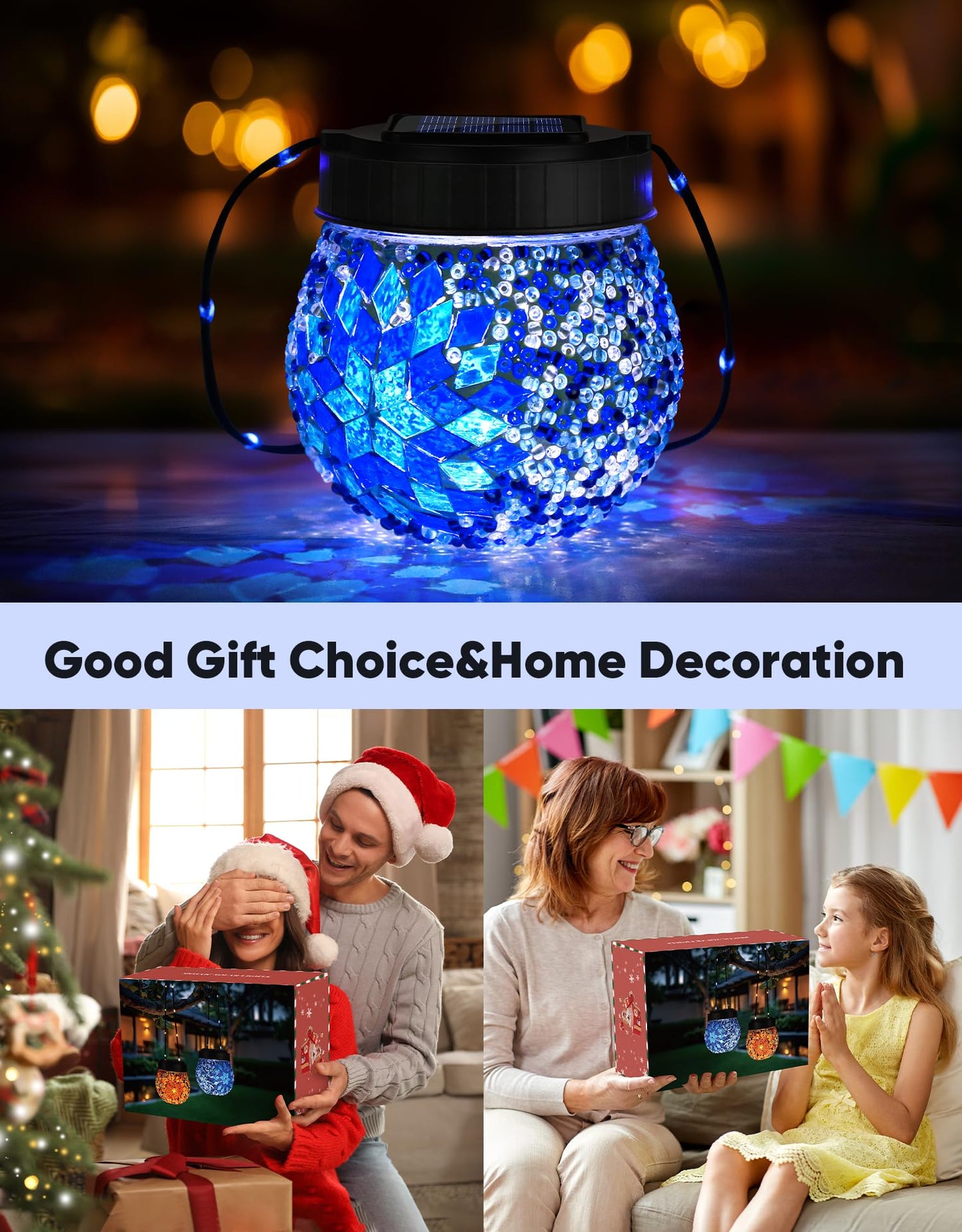 Mosaic Solar Lights Outdoor 6 Pack, Solar Hanging Lanterns Christmas Halloween Gifts for Women Mom Grandma, Waterproof Glass Globe Lights, Garden Patio Decor for Yard, Tree, Balcony, Cold