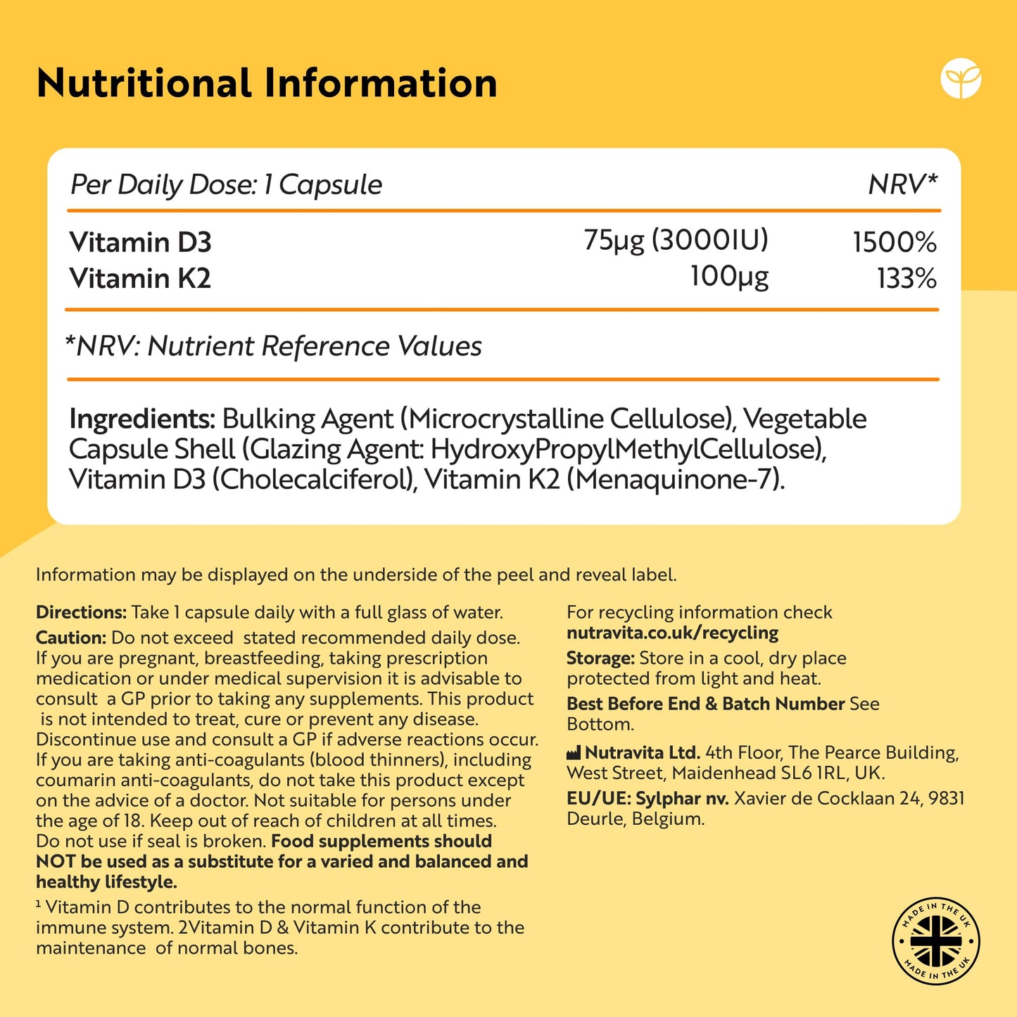 Vitamin D3 3000iu & K2 100ug (MK7) – 120 Vitamin D3 K2 Vegetarian Capsules – Supports Normal Bones, Muscles, Teeth and Immune System – Cholecalciferol & Menaquinone-7 – Made by Nutravita