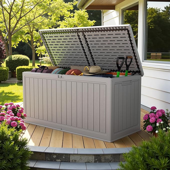Devoko 260 Gallon Double-Wall Deck Box with Divider, Side Handles, Resin Outdoor Large Storage Box Waterproof and Lockable for Patio Furniture, Garden, Pool (Grey, 260 Gallon)